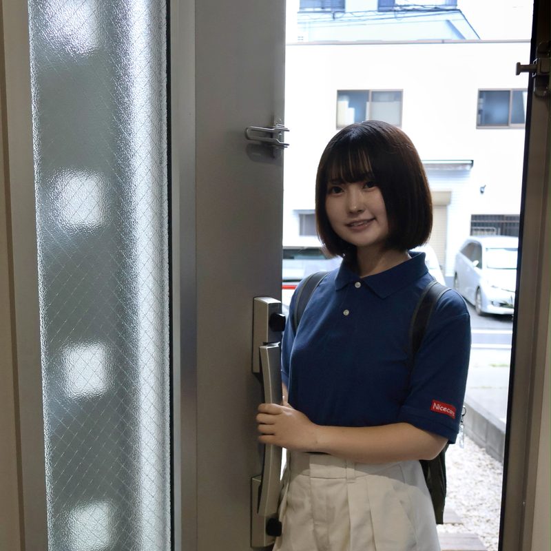 訪問先の玄関に立つヘルパー